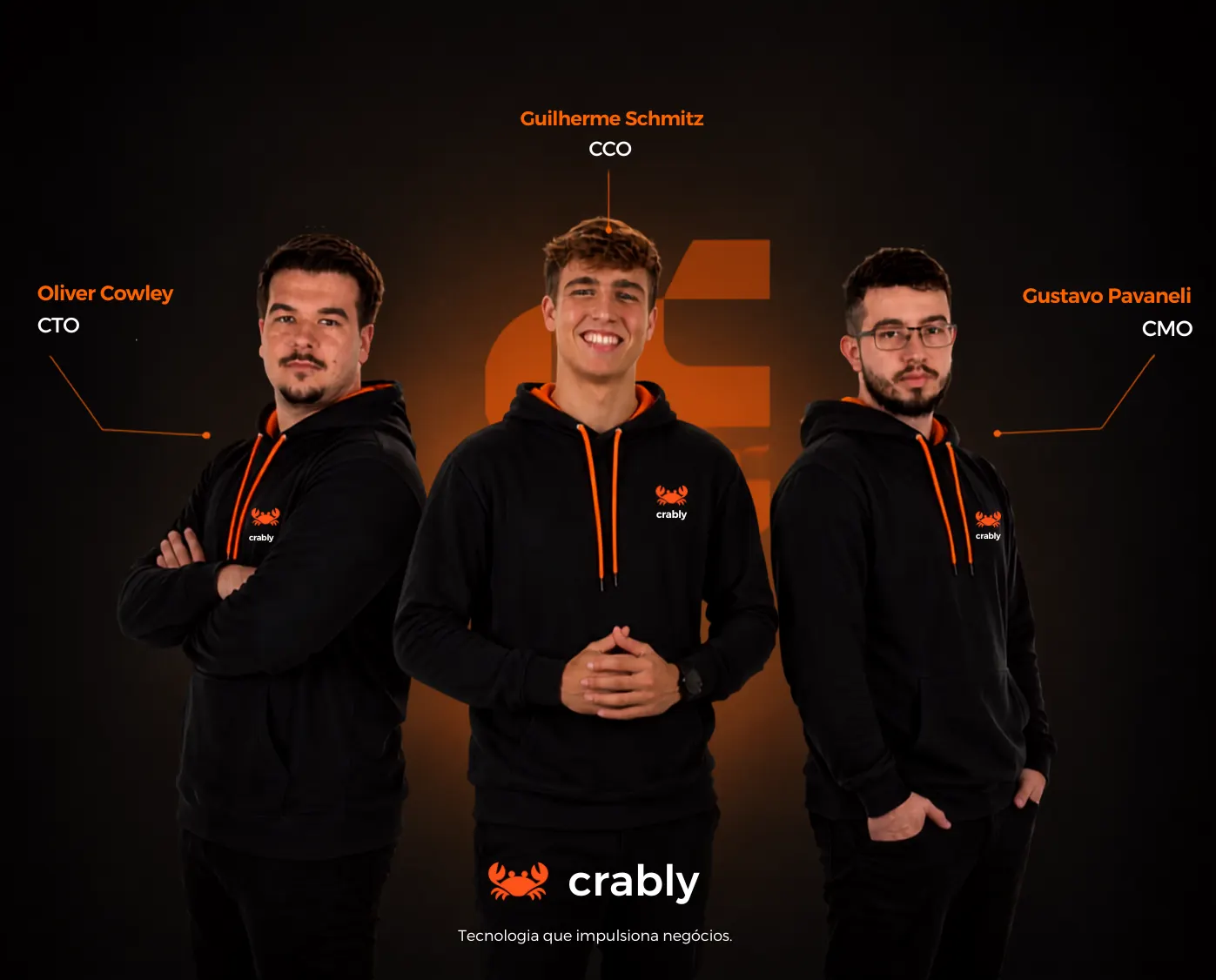 Equipe Crably: Oliver Cowley (CTO), Guilherme Schmitz (CCO) e Gustavo Pavaneli (CMO)